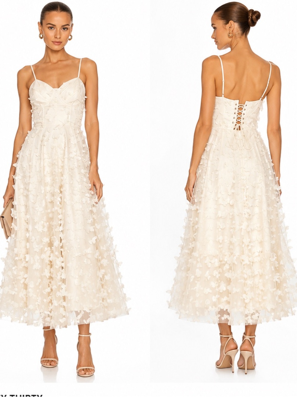 Thirty Thirty Ivory 3D Butterfly Appliqué Midi Dress XS Fairy Cottagecore Romant